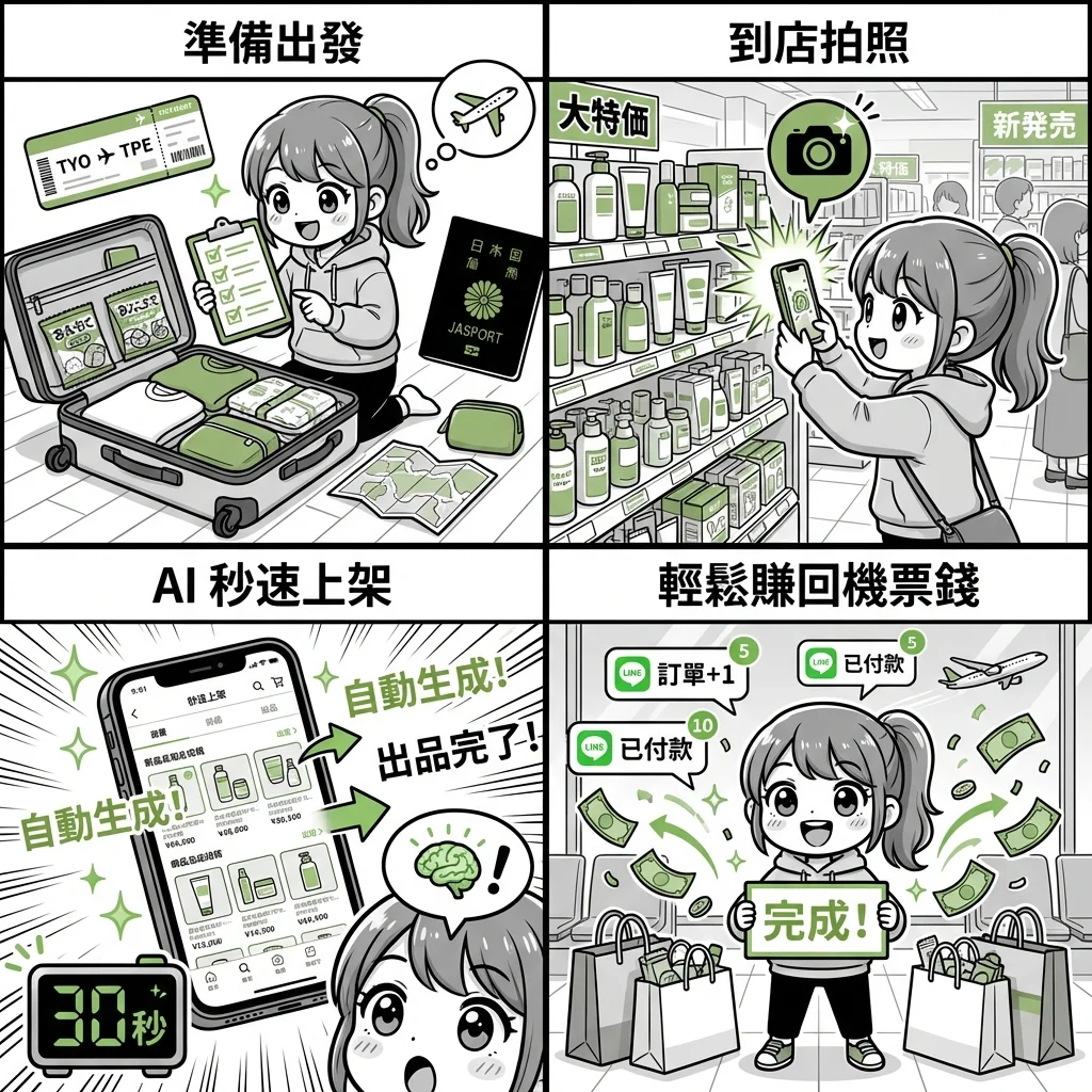 代購教學體驗四格漫畫：準備出發、到店拍照、AI秒速上架、輕鬆賺回機票錢