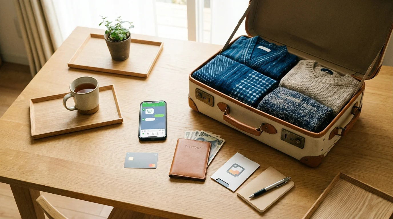 出國代購行前準備物品平鋪照：行李箱、手機、護照、行動電源、信用卡