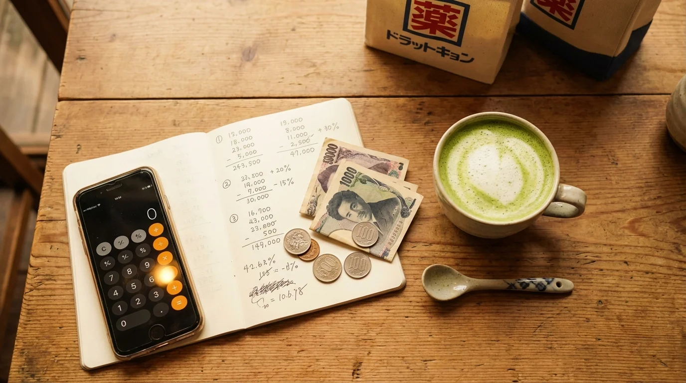 日式咖啡廳桌上的手機計算機、筆記本利潤計算、日幣和抹茶拿鐵