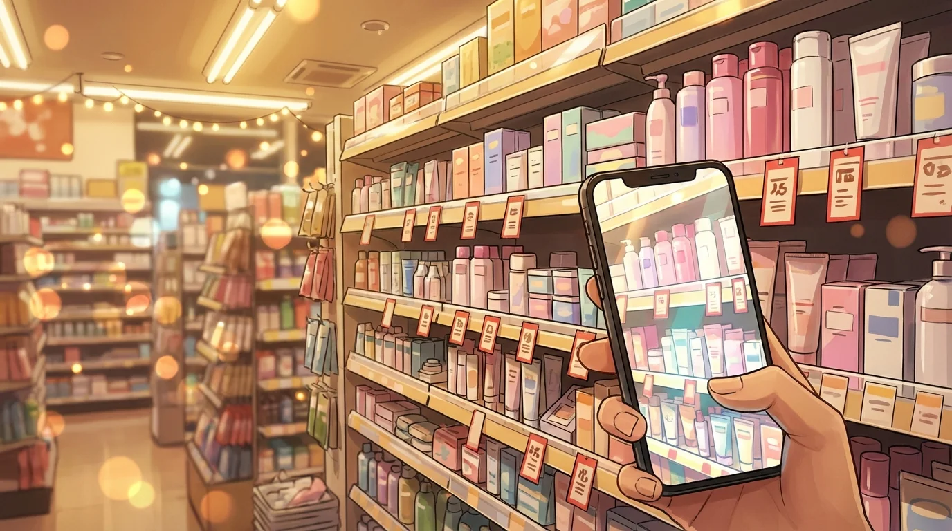 日本藥妝店中手持手機拍攝商品的情境照