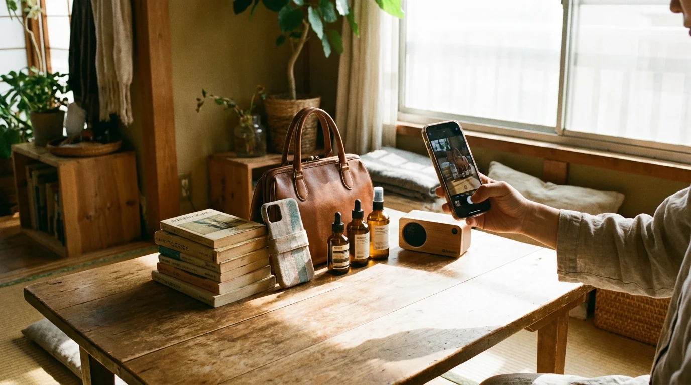 明亮房間桌上整齊排列的二手商品，手機正在拍照上架