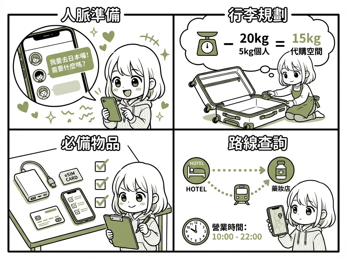 代購行前準備 4 格漫畫：人脈準備、行李規劃、必備物品、路線查詢