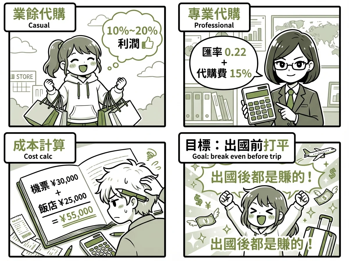 代購利潤計算 4 格漫畫：業餘代購、專業代購、成本計算、出國前打平目標
