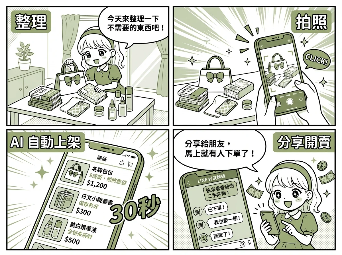 二手出清流程 4 格漫畫：整理不用的東西、拍照、AI 自動上架 30 秒、分享開賣