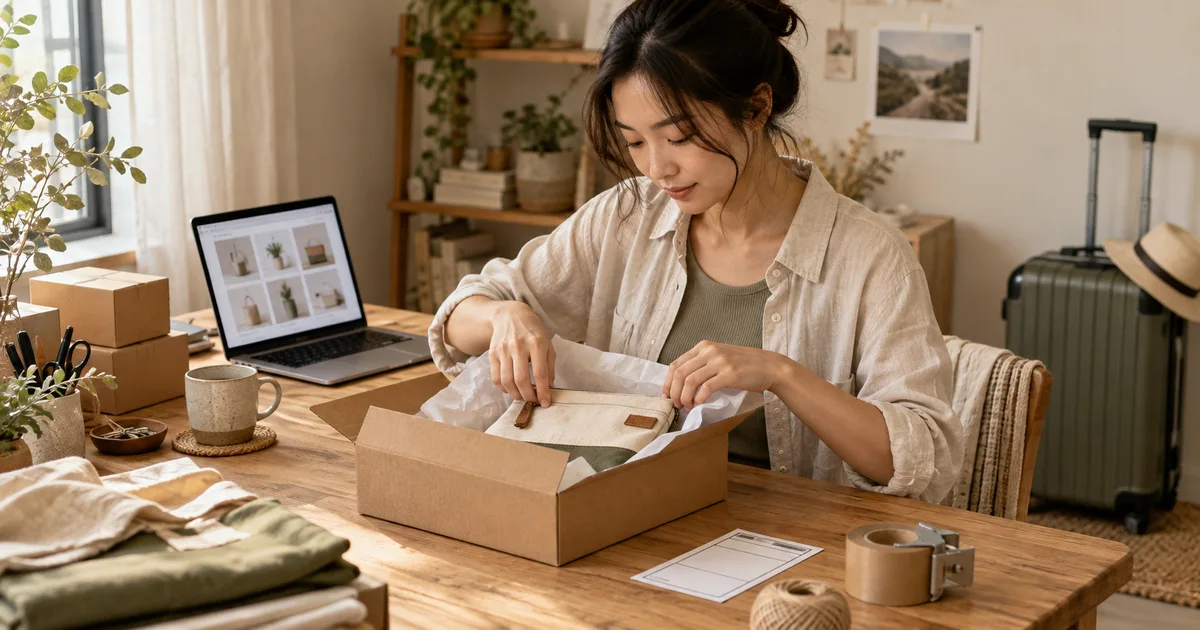 海外賣家在工作桌包裝商品,準備寄送給台灣顧客的情境示意