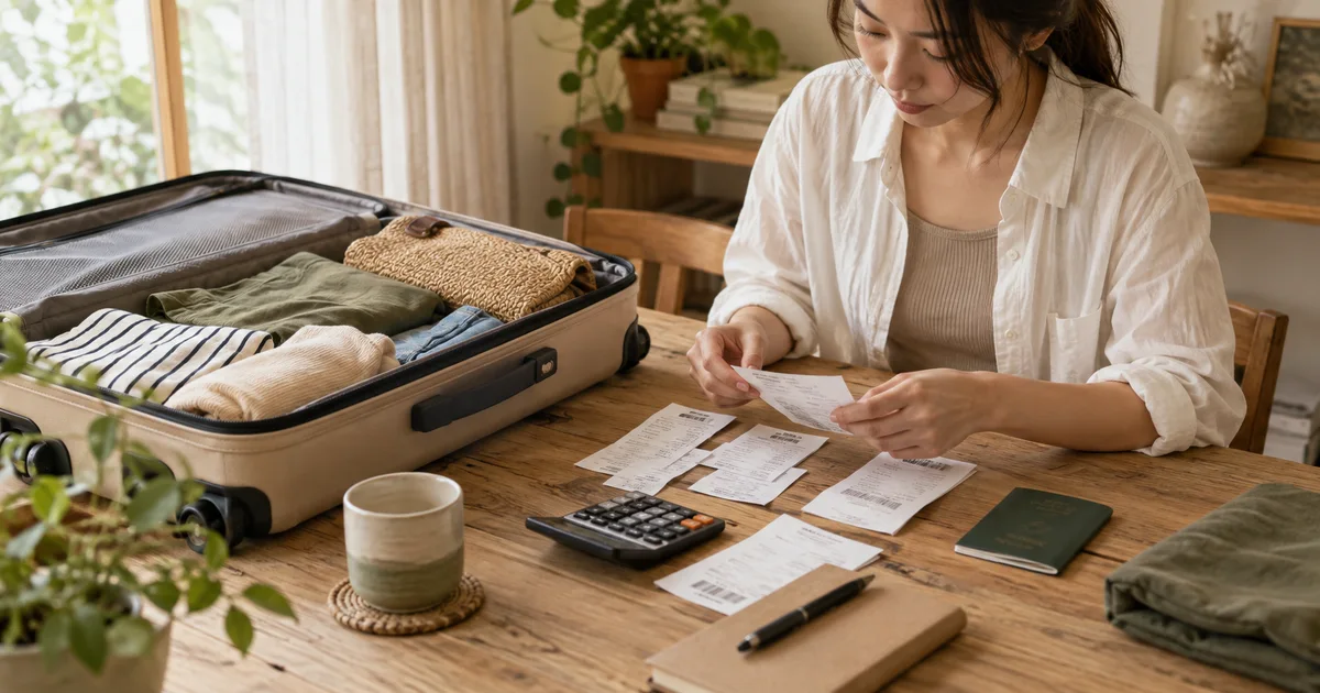 旅客整理行李、商品與購買收據,準備申報資料的情境示意
