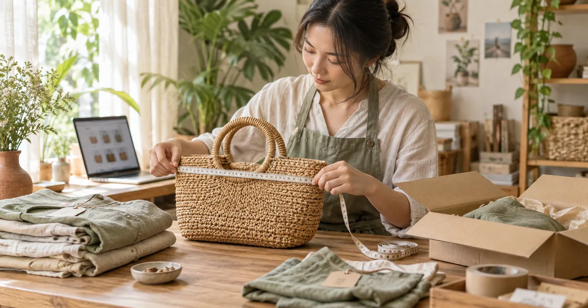 賣家整理編織包與棉麻服飾,準備核對尺寸及上架的情境示意